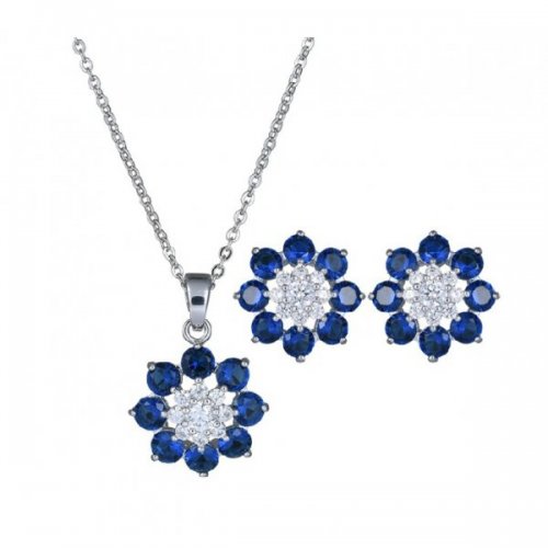 Set argint femei Blue Flowers cu elemente swarovski  albastru si alb