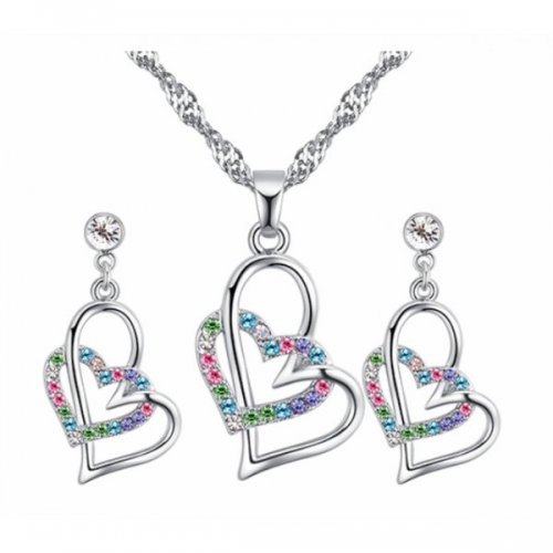 Set argint femei Double Hearth Inimi Duble cu elemente swarovski Multicolor