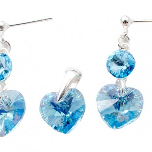  Set Argint 925 cu ELEMENTE SWAROVSKI® Stud Heart 10mm Aquamarine AB