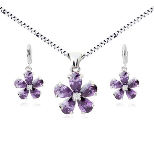 Set argint femei flori cu cristale Swarovski Purple Flowers