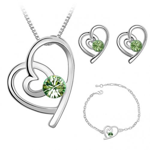 Set argint inima Green Love Crystal